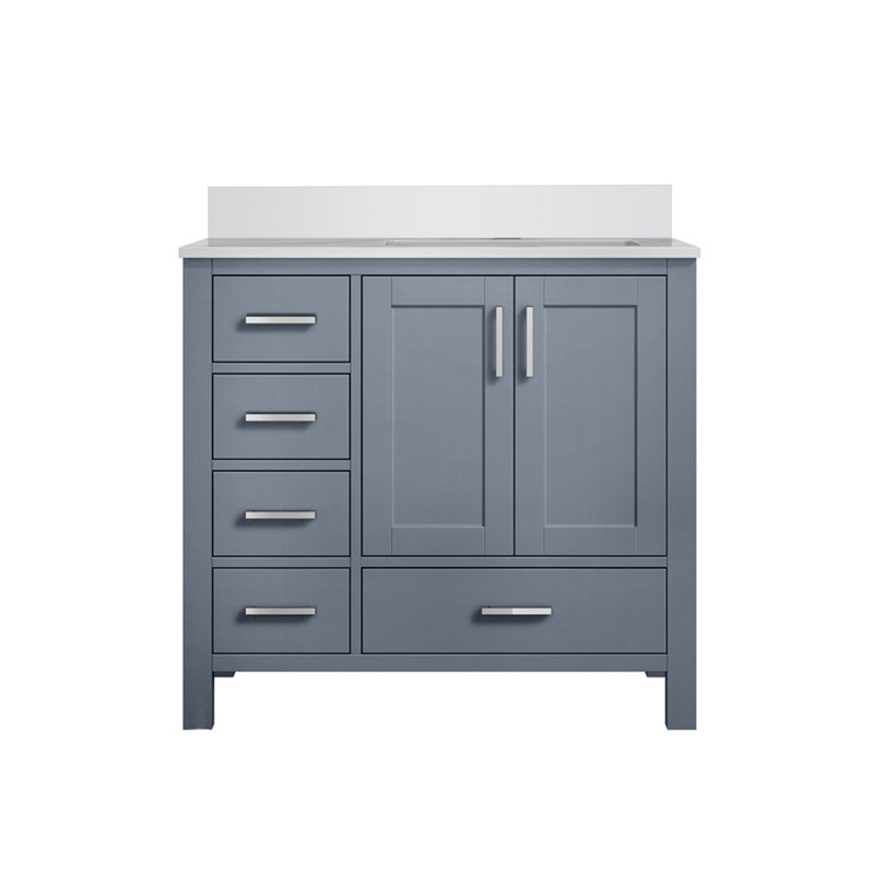 Bath Vanity with Right Offset and White Quartz Top, Dark Grey