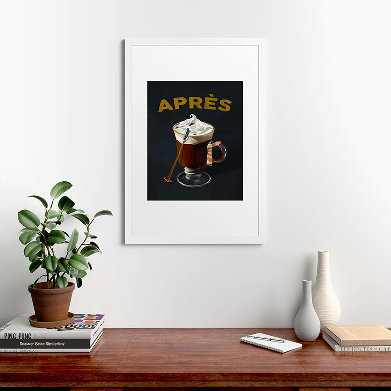 The Whiskey Ginger Apres Ski Hot Chocolate, reproduction d'art encadrée, Cadre en bois blanc, H 36 po x l 24 po x P 1,5 po