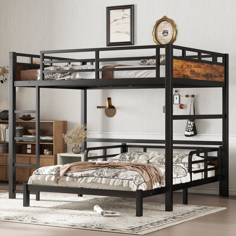Full over Full Metal Bunk Bed, Metal Loft Bed, Separable Convertible Bunk Bed, Raised Security Fence, Space Saving, Easy Assembly,Vintage Wood-colored