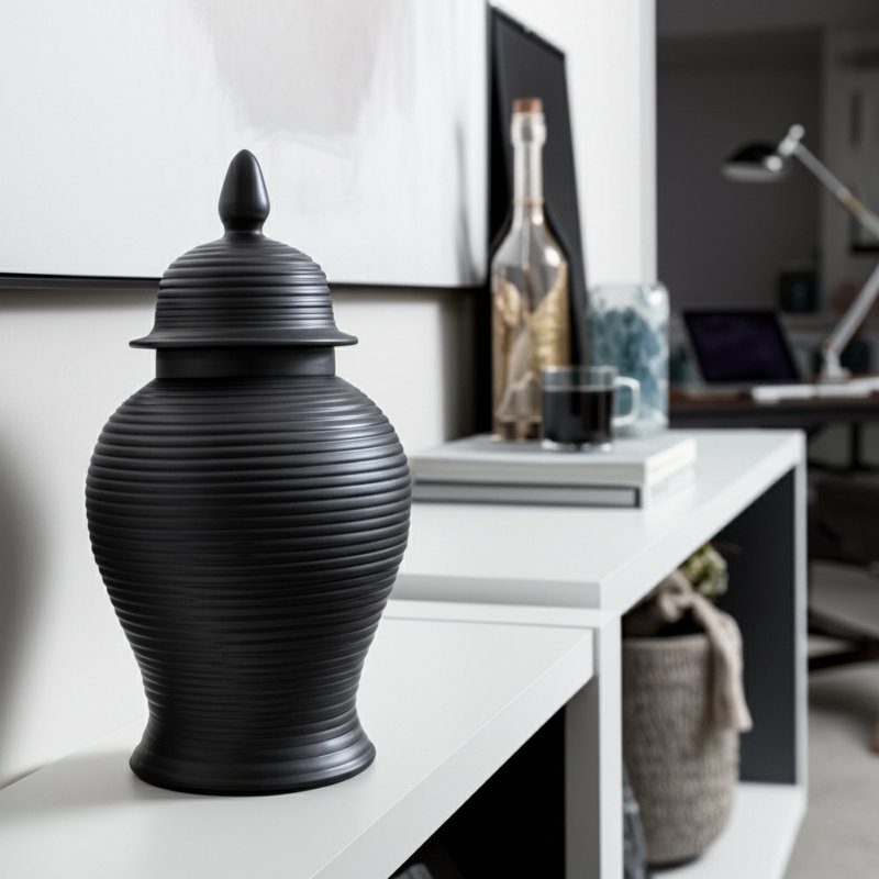 Dameisha Stoneware Ceramic Decorative Jar with Lid - Modern Textured Design, 24" H x 12" W x 12" D, Black