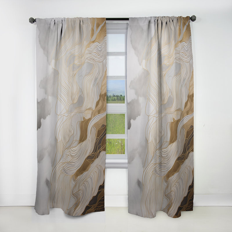 Gold And Grey Abstracted Line Artistry III - Line Art Blackout Abstract Curtain - 1 Panel, 52" W x 63" L