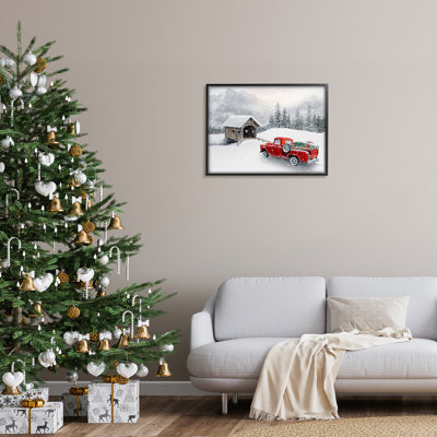Paysage de montagne relaxant enneigé, camion rouge, art numérique de la giclée noire encadrée par Michael Shelton