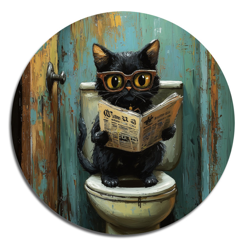 «Cute Cat Ready», journal sur la toilette II - reproduction d'art moderne en métal noir, H 16 po x l 16 po