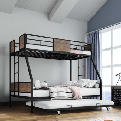 Lits superposés (1 place et 1 place) avec lit gigogne, structure métallique robuste avec barrière de sécurité et 2 échelles pour enfants, support en métal renforcé, sommier non nécessaire, montage facile
