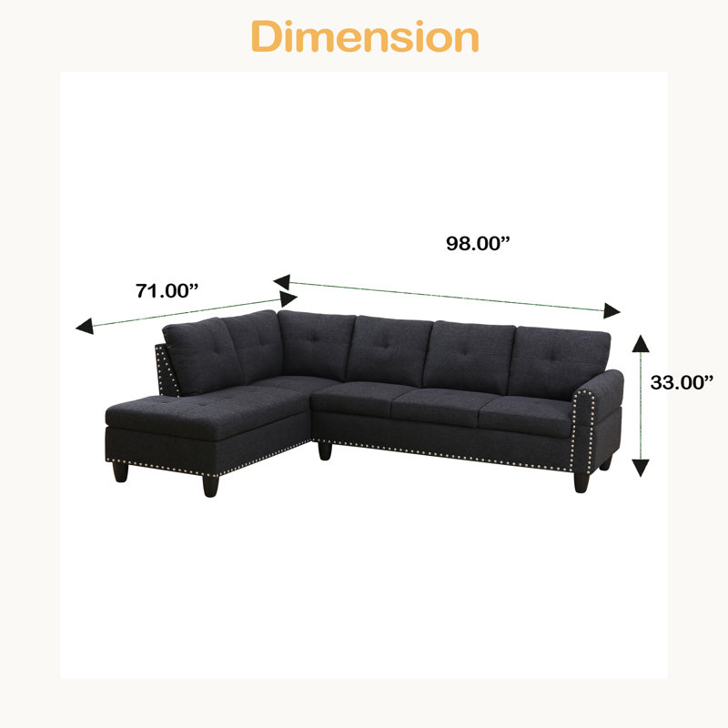 Cup-Holder Console-Featured Corner Sofa, Charcoal Gray Linen
