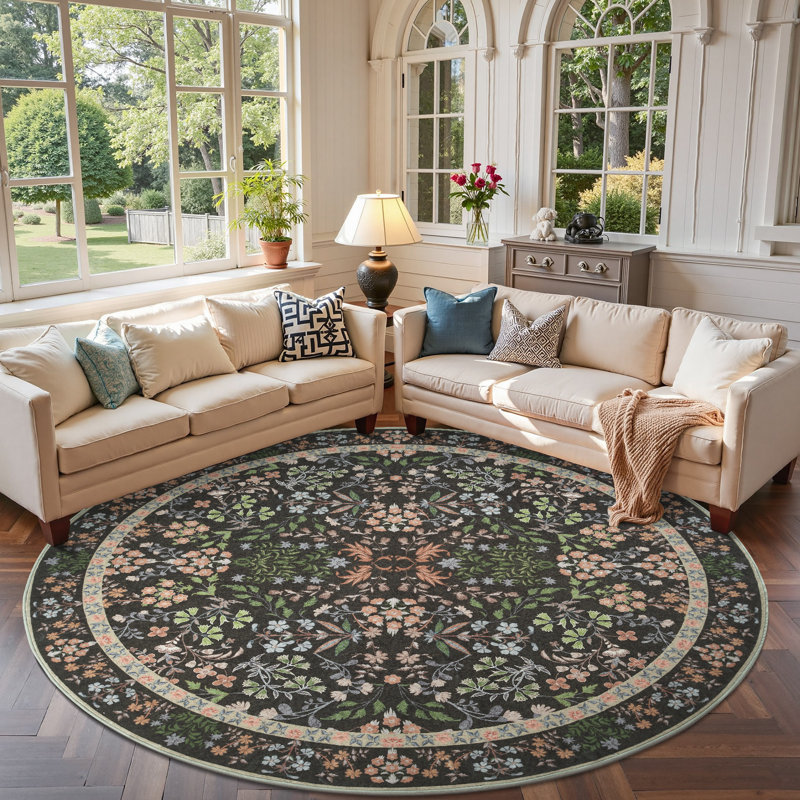Floral Machine Washable Area Rug, Black, Round 8'