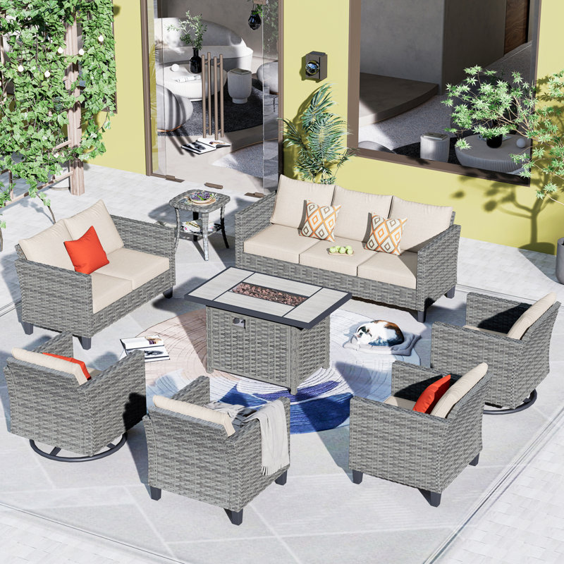9 - Person Patio Conversation Set with Cushions, Beige