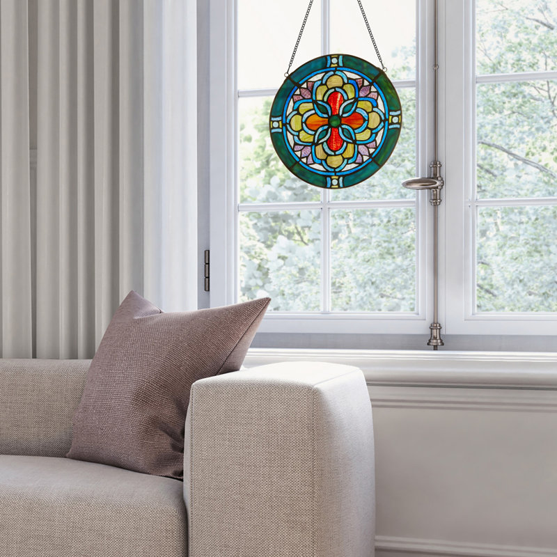 Vitrail de fenêtre 12 po H Tiffany, Bleu sarcelle / rouge / transparent