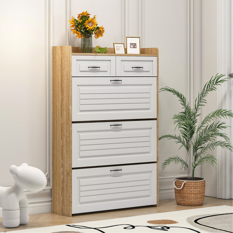Armoire à chaussures blanche et chêne avec 3 portes et 2 tiroirs, grand espace de rangement, 49.27"H x  31.5"W x  9.25"D