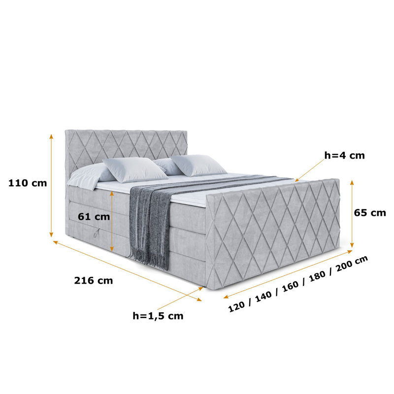 Rudmer Pocket Spring Mattress Divan Bed Set, 140 x 200cm, Light gray