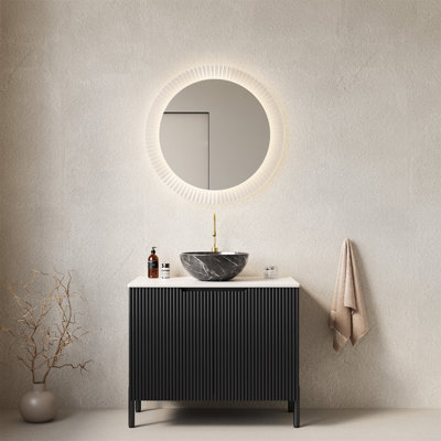 Meuble-lavabo de salle de bain 30 po avec lavabo, meuble de rangement autoportant pour salle de bain avec vasque en céramique à 2 portes avec motif en pierre et comptoir en pierre frittée blanc de Carrare, sans couleur de robinet