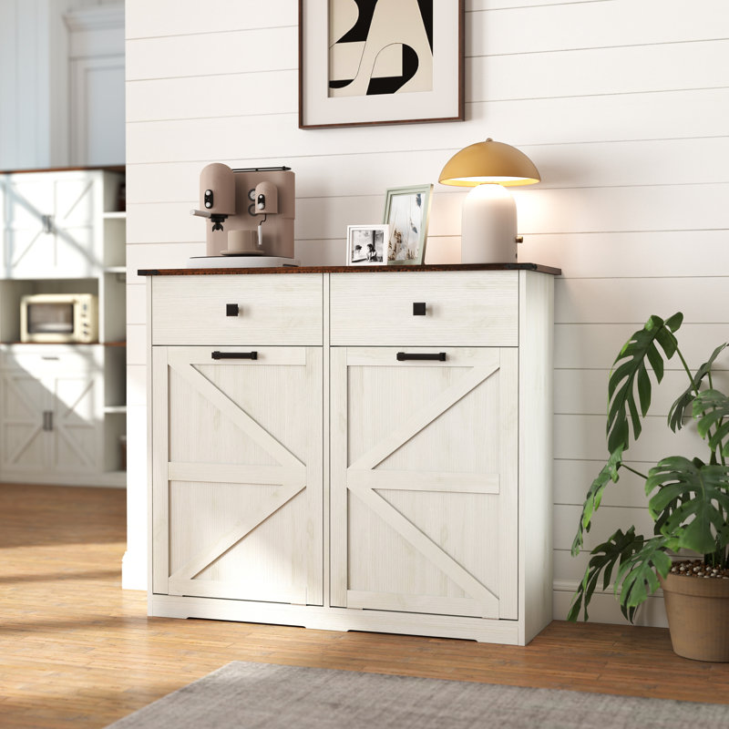Armoire à poubelle Farmhouse | Convient aux bacs de 2 x 10 gallons | Blanc antique Noyer brun | Panneau de particules