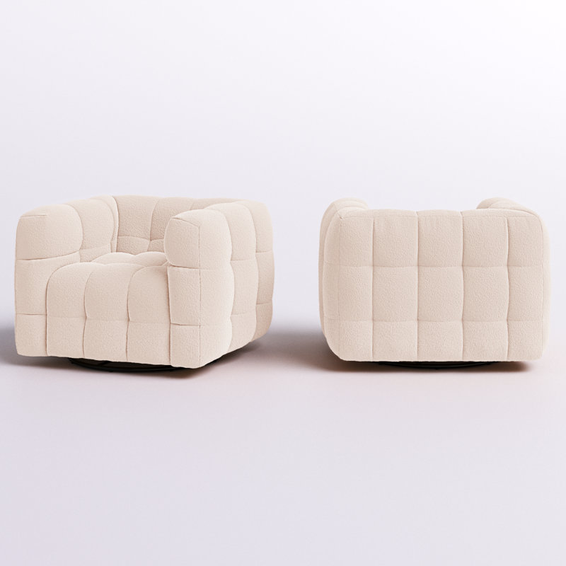 Ashyiah 38" Wide Tufted Swivel Chair with Square Arm, Beige Boucle
