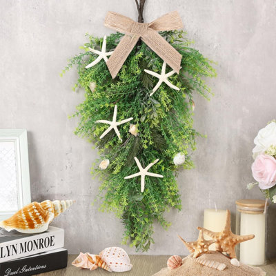 2 Pcs 24"Coastal Teardrop Swag Beach Seashell Starfish Wreath with Green Leaves for Front Door Wedding Farmhouse Starfish Conch Shells Wreath for Indoor Outdoor Spring Summer All Seasons Home Decor