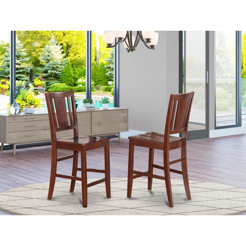 Buckland Counter Height Stools - Slat Back Wood Seat Chairs, Set of 2, Mahogany, Mahogany, Solid Wood