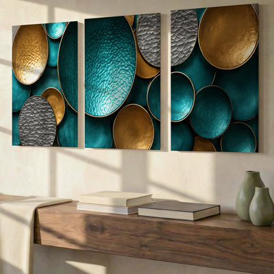 Ensemble exclusif de 3 toiles panoramiques abstraites grand format, aux tons turquoise et or, avec des ovales argentés texturés. Décoration murale idéale pour le salon, la chambre à coucher et le bureau.