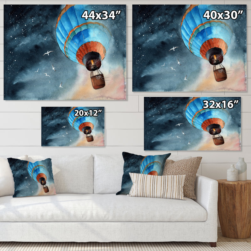 «Blue Air Balloon in Starry Night», peinture sur toile, H 12 po x l 20 po x P 1 po, Toile tendue