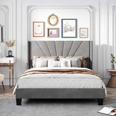 Size Velvet Upholstered Platform Bed, Box Spring Needed -