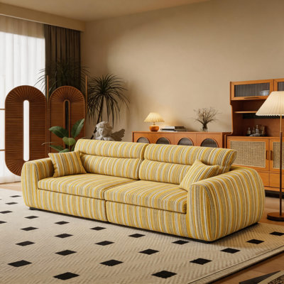 Modern Yellow Striped Modular Sofa, 3-Seater Couch with Decorative Pillows