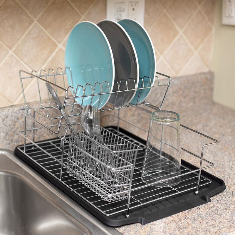Black Metal 2-Tier Dish Rack with Utensil Cup