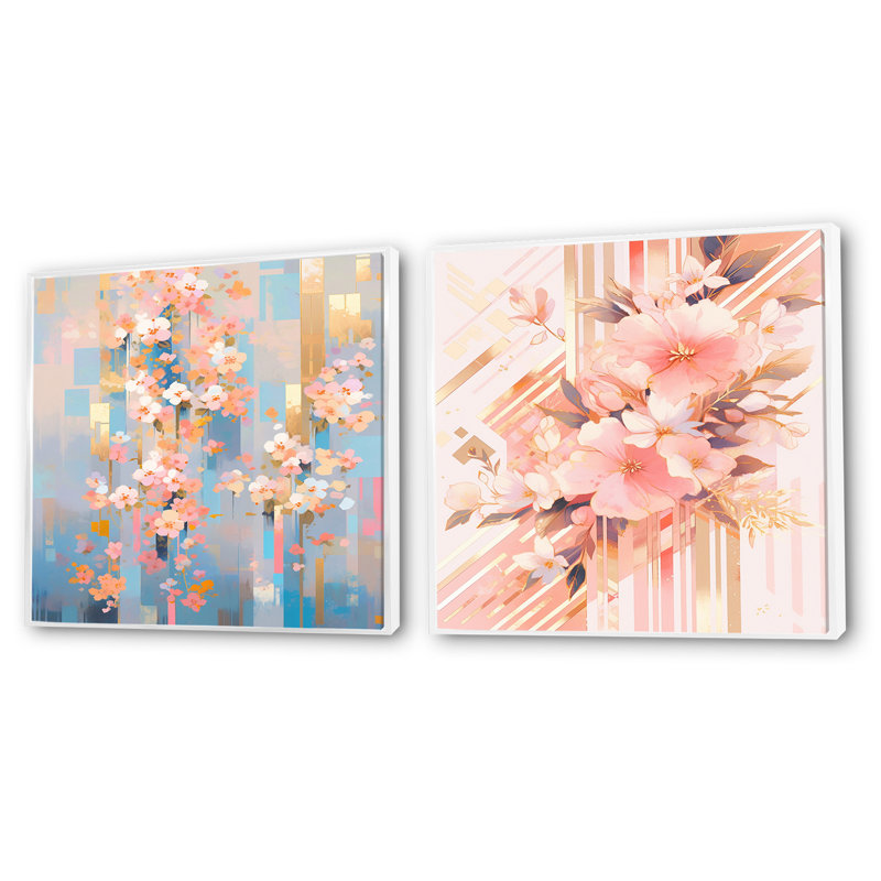 Fleurs de cerisier rose modernes Bold Stripes V - ensemble de 2 carrés de fleurs de cerisier carrés, Cadre flottant blanc