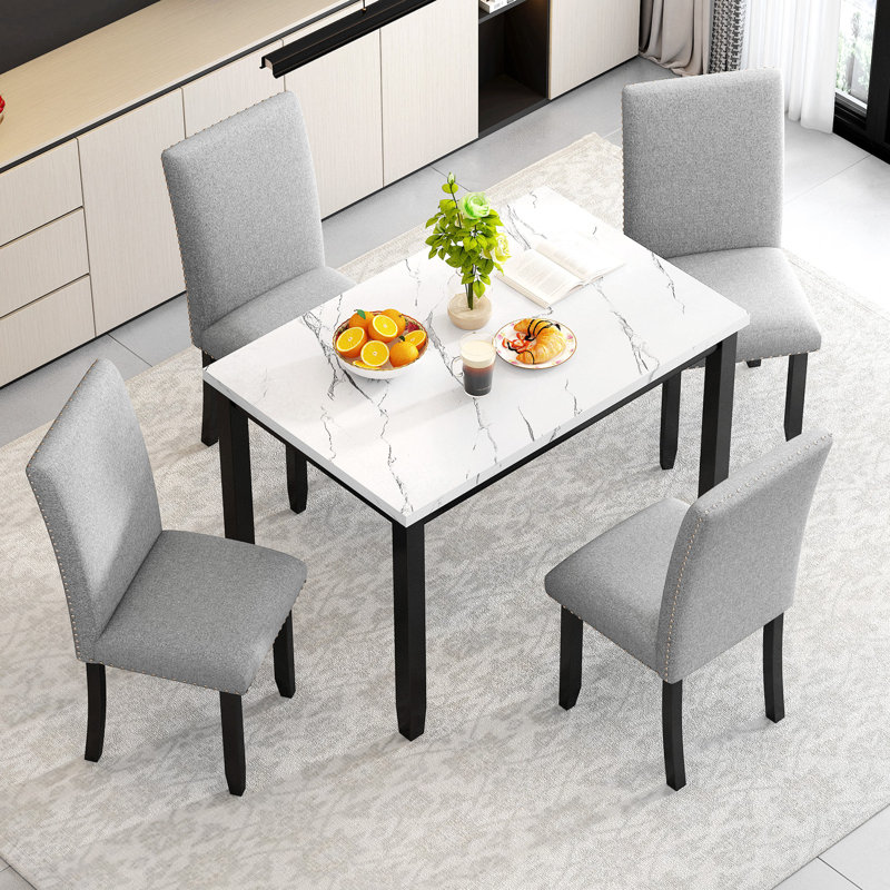 Ensemble de table de salle à manger 5 pièces pour 4 personnes, ensemble de table de salle à manger moderne et 4 chaises, table de salle à manger en marbre avec 4 chaises rembourrées