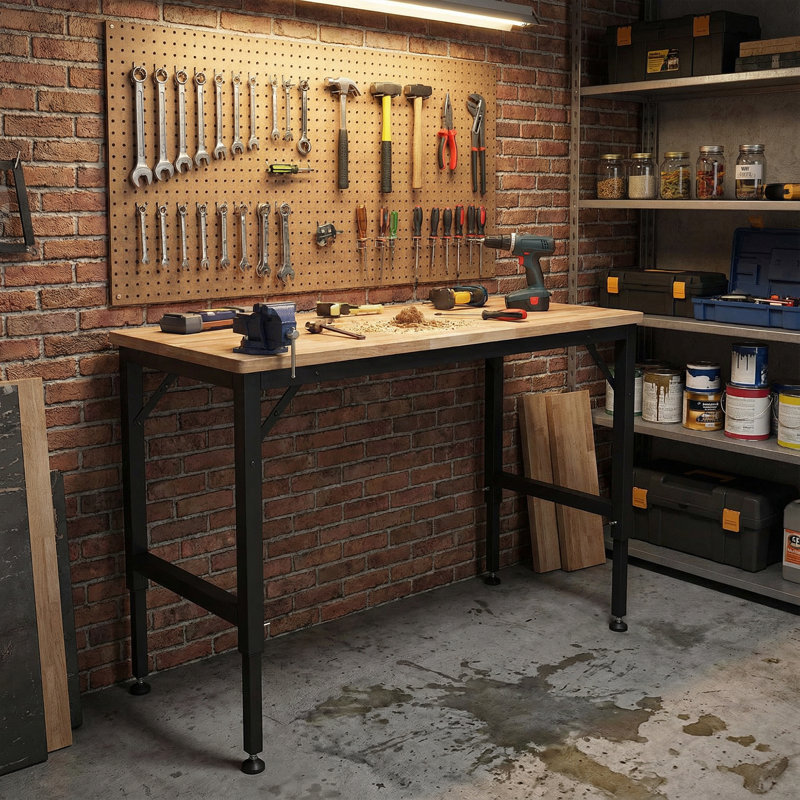 Établi robuste et réglable pour le garage, table d'atelier en bois d'hévéa avec patins en caoutchouc, poste de travail en bois franc, capacité de poids de plus de 2 000 lb pour un atelier, un garage, un bureau ou une maison