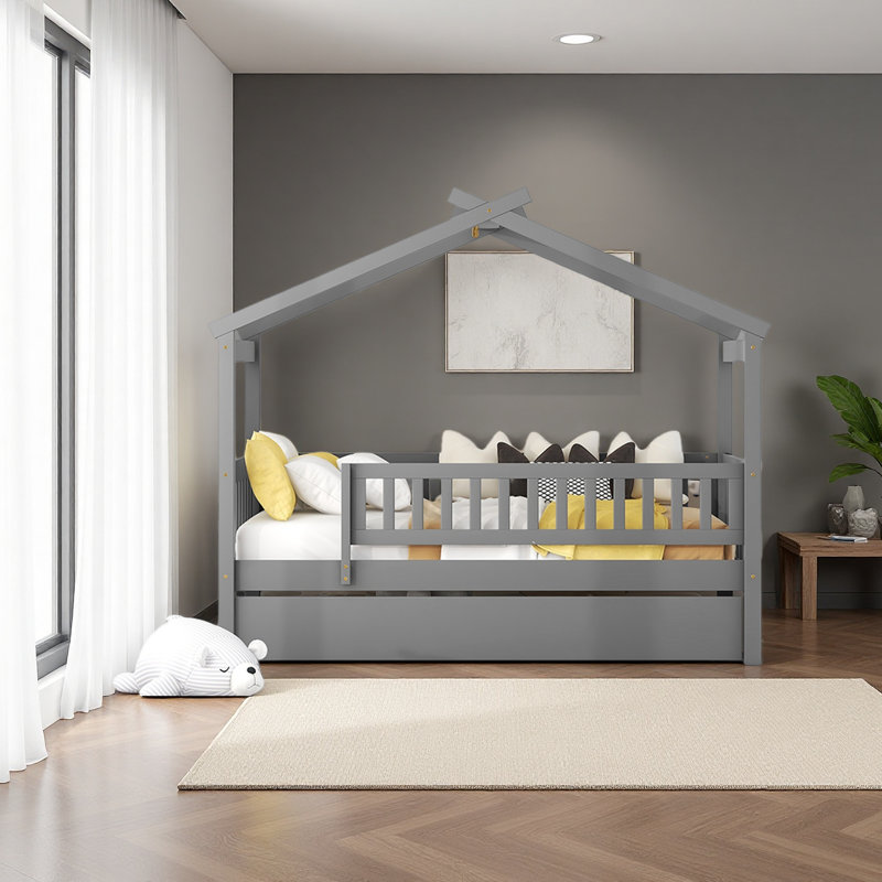 Lit en bois avec lit gigogne simple, Gris, Lit simple