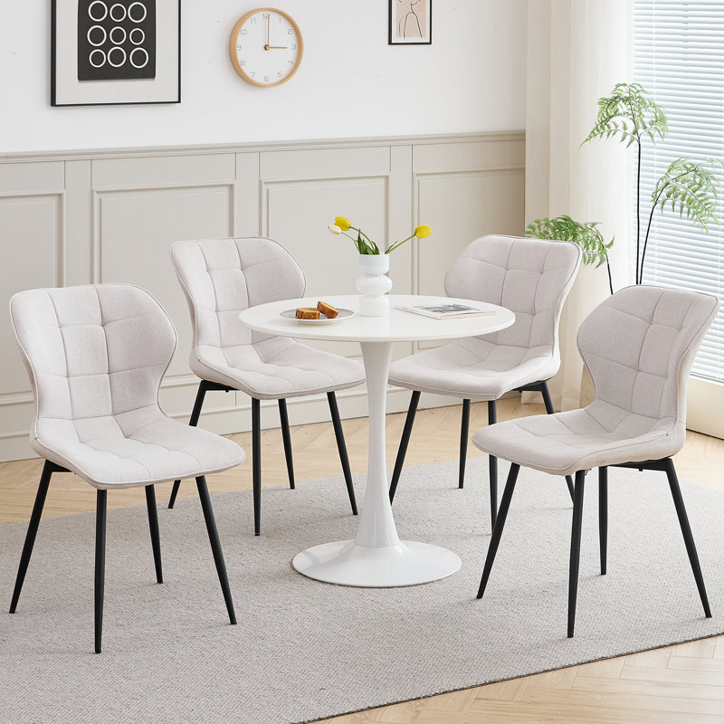 Modern Linen Fabric Dining Chair, Upholstered Side Chair with Metal Legs, Kitchen Accent Chair, White