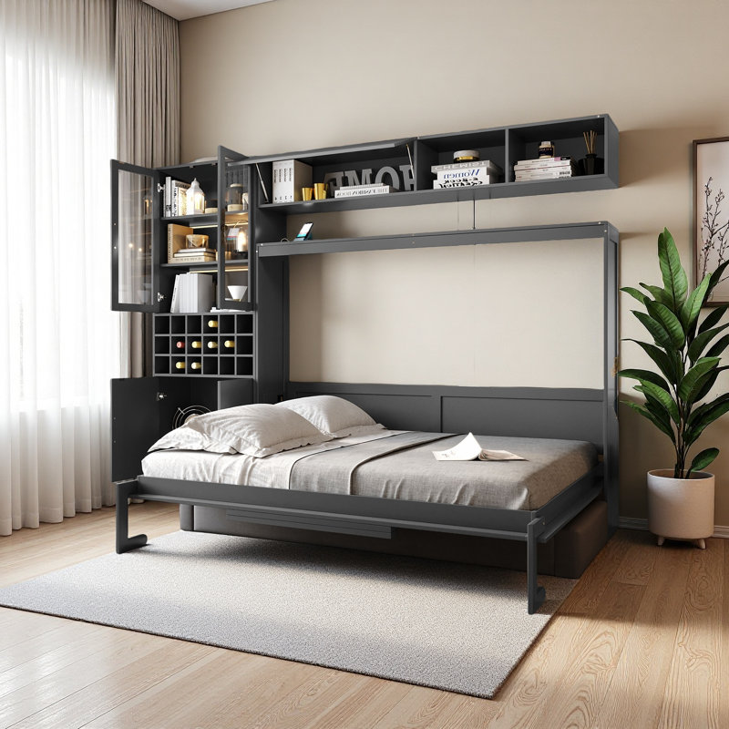 Lit escamotable mural avec canapé, tablettes USB et lumière Murphy, Gris, Double