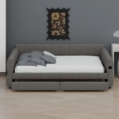 Modern Upholstered Bed Featuring USB Connectivity And Integrated Storage Drawers
