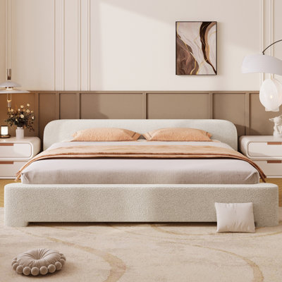 Très grand lit tapissier blanc Boucle, conception simple et confortable, structure en bois, bois franc d'ingénierie confortable facile à nettoyer, 10 lattes, espace de sommeil confortable