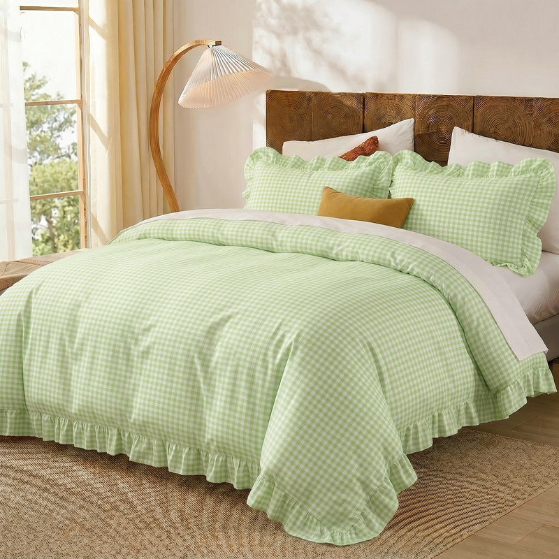 Ensemble de housse de couette de luxe 100% coton de très grande taille - Vichy vert avec bords à volants, ensemble de literie respirant doux 3 pièces, fermeture à glissière et 8 attaches de coin