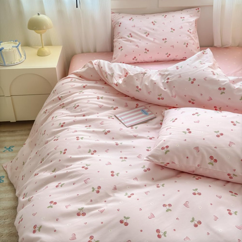 Duvet Cover Cherry Cotton Pink Hearts Bedding Set  Aesthetic Cotton Hearts, King Duvet Cover + 2 Standard Pillowcases