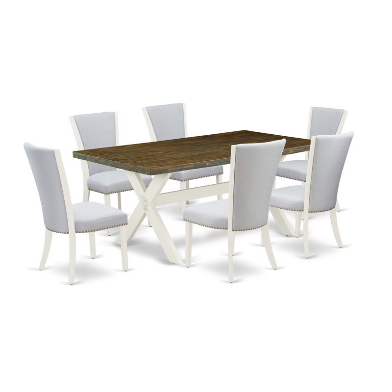 Ensemble de table de salle à manger 7 pièces composé d'une table de salle à manger rectangulaire avec pieds en X et 6 chaises Parsons en tissu gris, lin brossé blanc