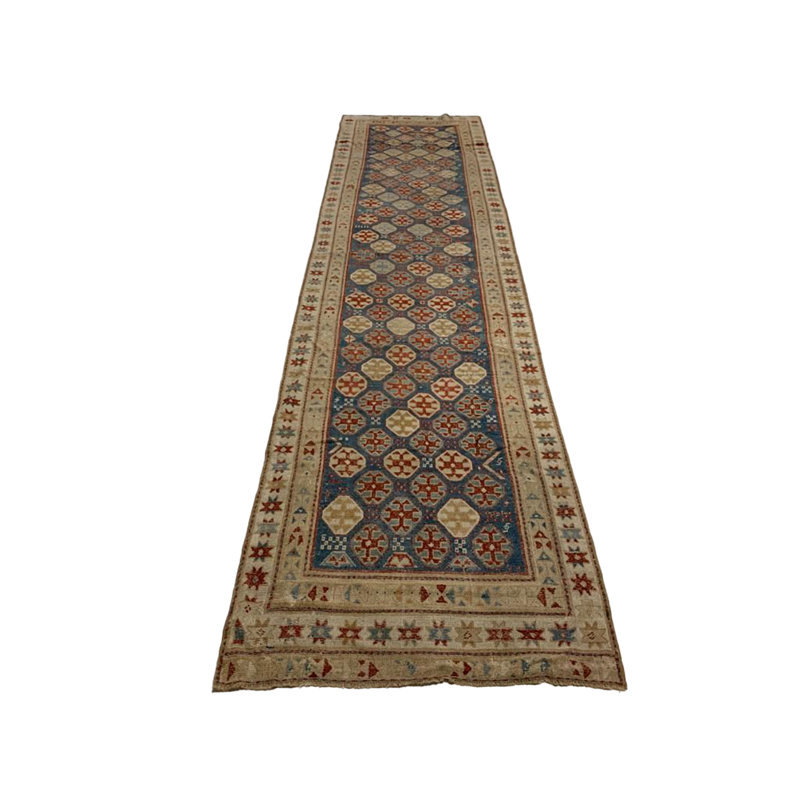 Tapis de couloir unique noué à la main de 2 pi 11 po x 11 pi 10 po de conception unique bleu / ivoire / rouge