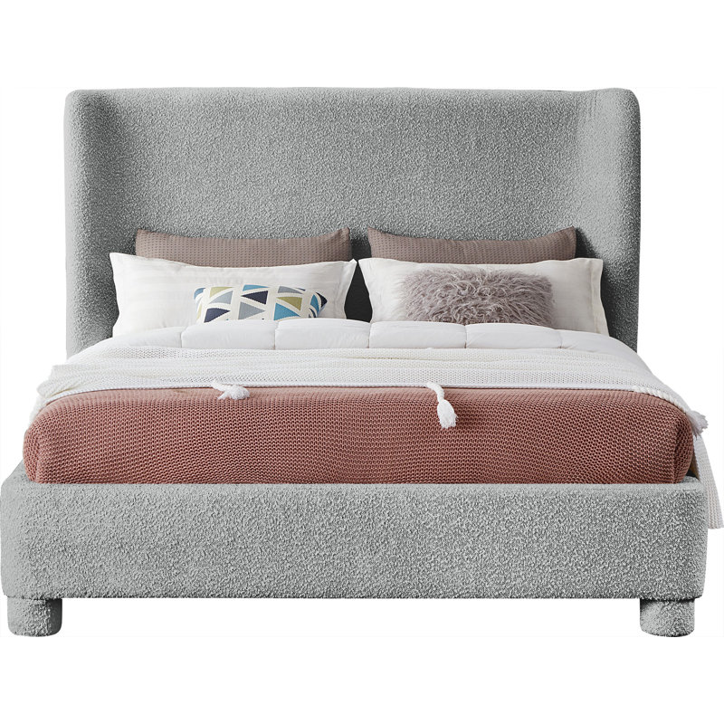 Lit à panneau tapissier Ivyann, Tissu bouclé gris, Double