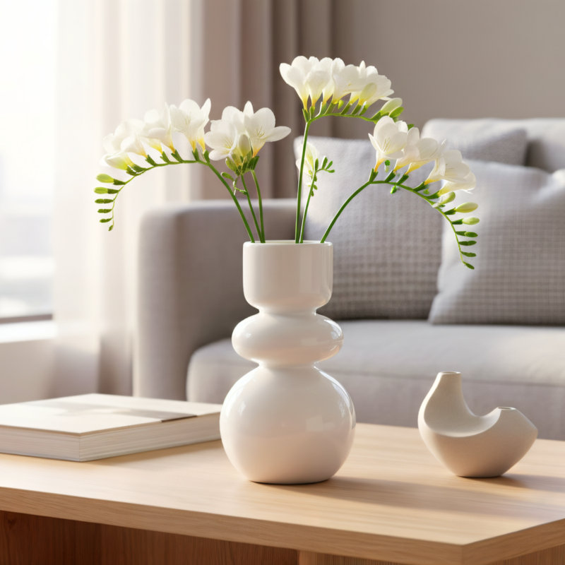 Vase en céramique blanche à double ampoule réactive 10 "Arlo, H 10 po x l 8,5 po x P 8,5 po, Blanc