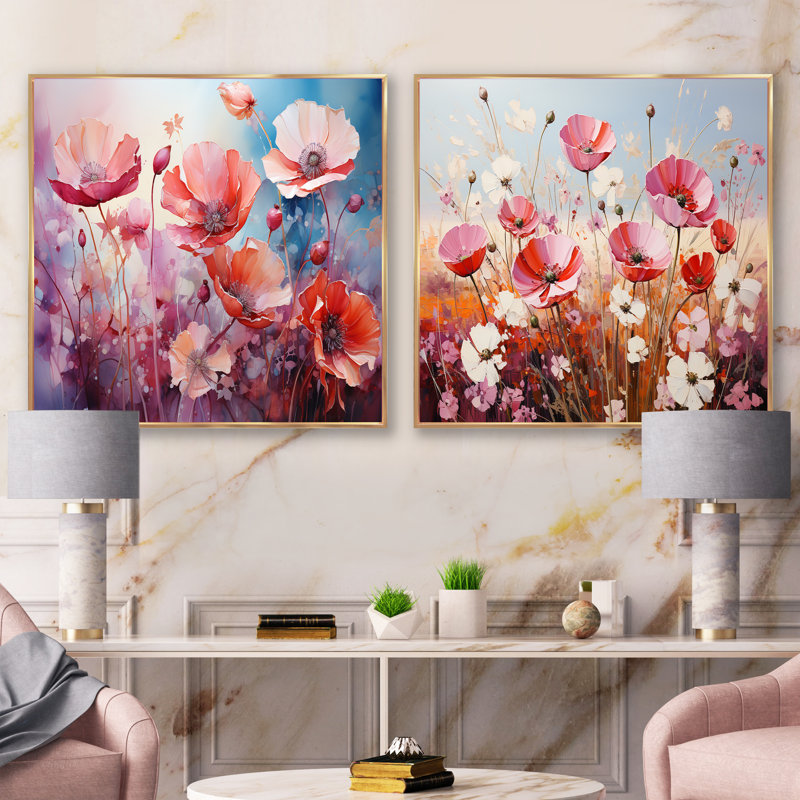 «Pink Crimson Flower Meadow Field», ensemble de 2 collages floraux carrés, Cadre flottant doré, H 36 po x l 73 po