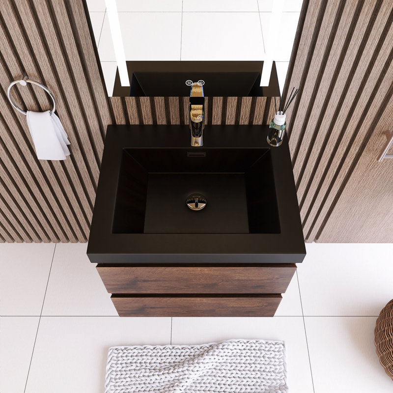 Meuble-lavabo simple 23,62 po avec plateau en résine Luhe, Brun foncé