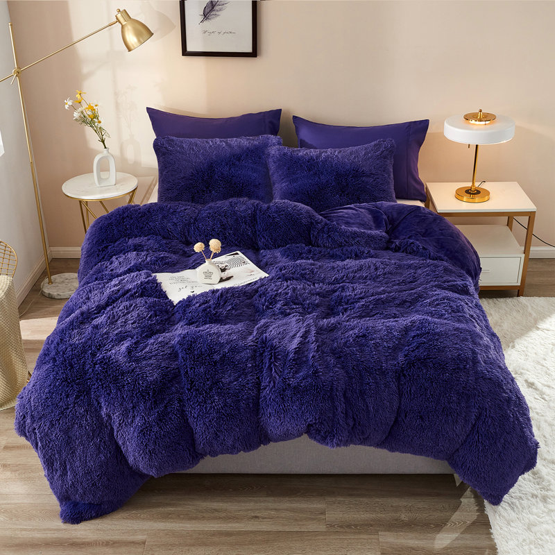 FFDC1217 Plush Shaggy Duvet Cover Set, Twin Duvet Cover + 2 Additional Pieces, Purple