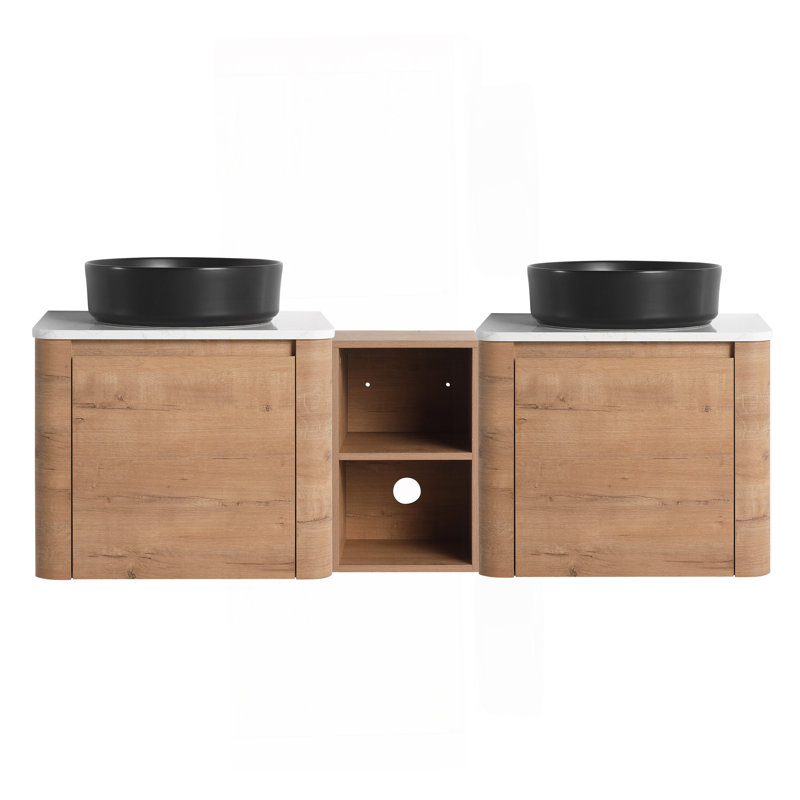 Meuble-lavabo mural 60 po avec lavabo d'art en céramique et 1 tablette de rangement, porte à fermeture en douceur, emballage KD, contreplaqué