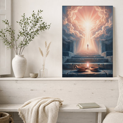 Oil Lamp and Silhouette Figure on Stone Stairs Toward Light Canvas Wall Art