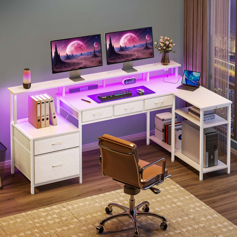 L Shaped Desk with File Drawer and Monitor Stand, Home Office Desk with Power Outlets & LED Lights, White