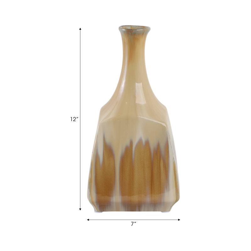 Cylindrical Tapered Ceramic Tall Flower Vase for Home Decor - Modern Glazed Vase for Living Room Table or Entryway Styling - Tan & Ivory
