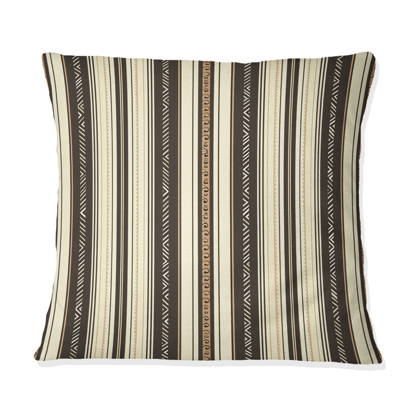 Coussin brun et blanc à rayures fines II, H 16 po x l 16 po