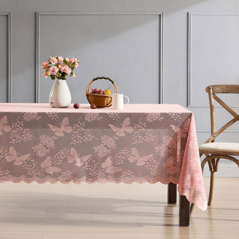 August Grove® Dearia Floral Lace Fabric Tablecloth, Lace Fabric Table Cloth for Rectangle Tables, Wrinkle Resistant Tablecloth, Patterned Scalloped Tablecloth