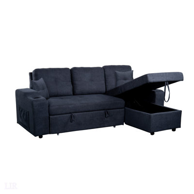 Canapé d'angle convertible avec rangement pour accoudoirs, méridienne droite et revêtement gris pour les salons et les appartements modernes., Modulaire