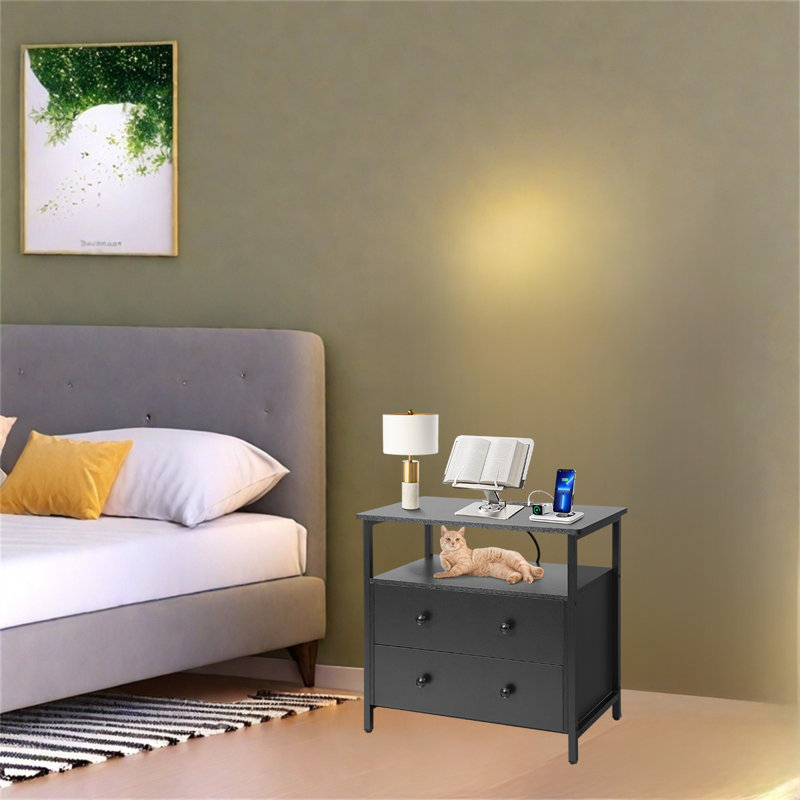 Table de chevet moderne avec station de charge et tablette ouverte, Noir