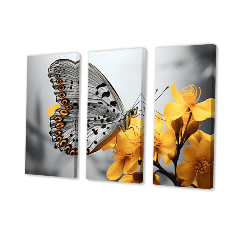 «Yellow Gray Butterfly Haven II» sur toile, reproduction de 3 pièces, H 40 po x l 60 po x P 1 po